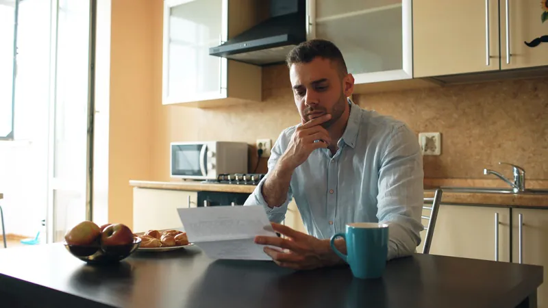 Homeowner thoughtfully reviewing a letter at the kitchen table